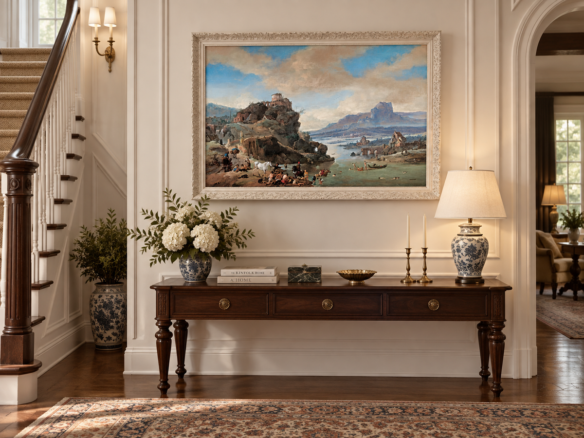 Hand-painted Classical River Ruins with Bathers landscape oil painting displayed as wall art in a styled interior