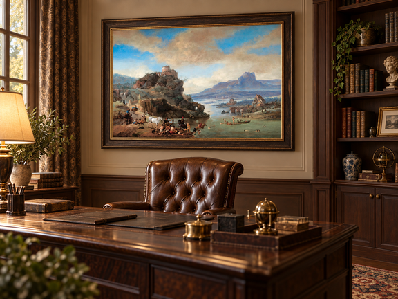 Hand-painted Classical River Ruins with Bathers landscape oil painting displayed as wall art in a styled interior