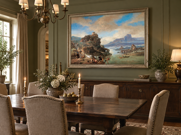Hand-painted Classical River Ruins with Bathers landscape oil painting displayed as wall art in a styled interior