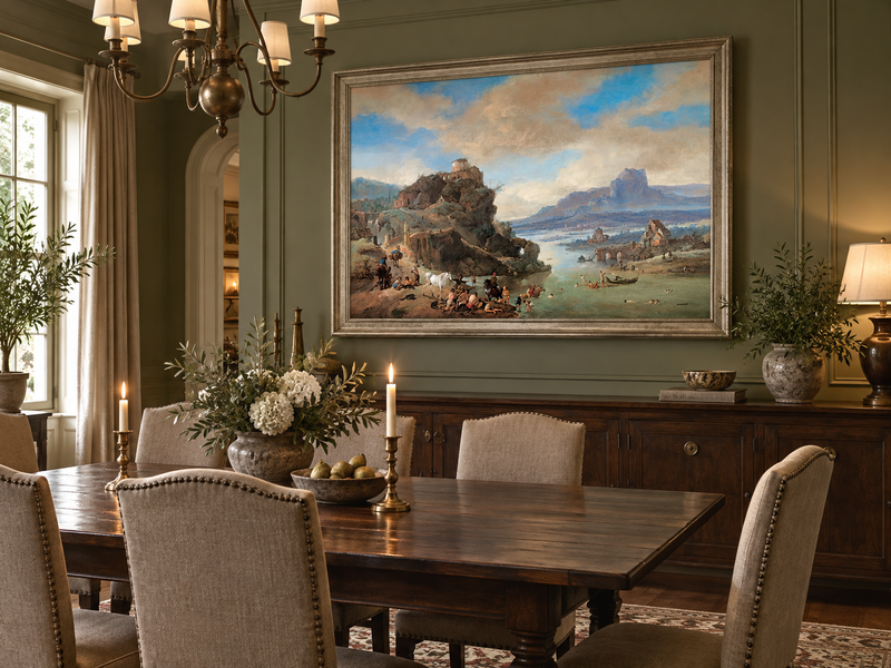 Hand-painted Classical River Ruins with Bathers landscape oil painting displayed as wall art in a styled interior