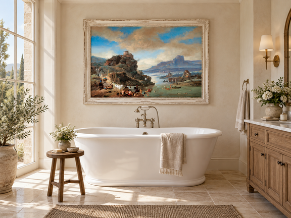 Hand-painted Classical River Ruins with Bathers landscape oil painting displayed as wall art in a styled interior
