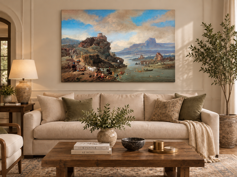 Hand-painted Classical River Ruins with Bathers landscape oil painting displayed as wall art in a styled interior