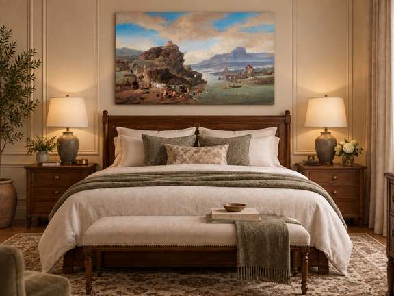 Hand-painted Classical River Ruins with Bathers landscape oil painting displayed as wall art in a styled interior