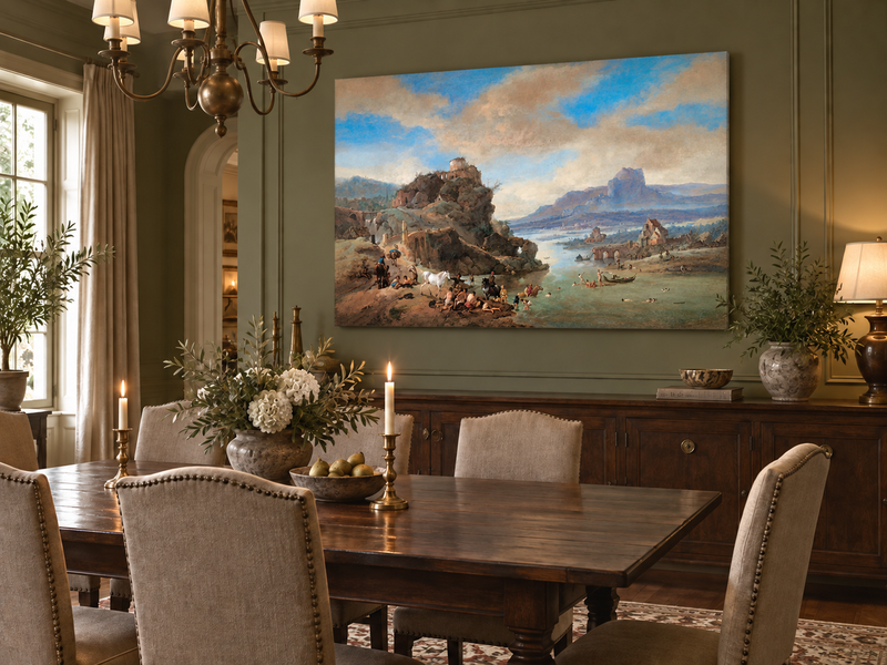 Hand-painted Classical River Ruins with Bathers landscape oil painting displayed as wall art in a styled interior