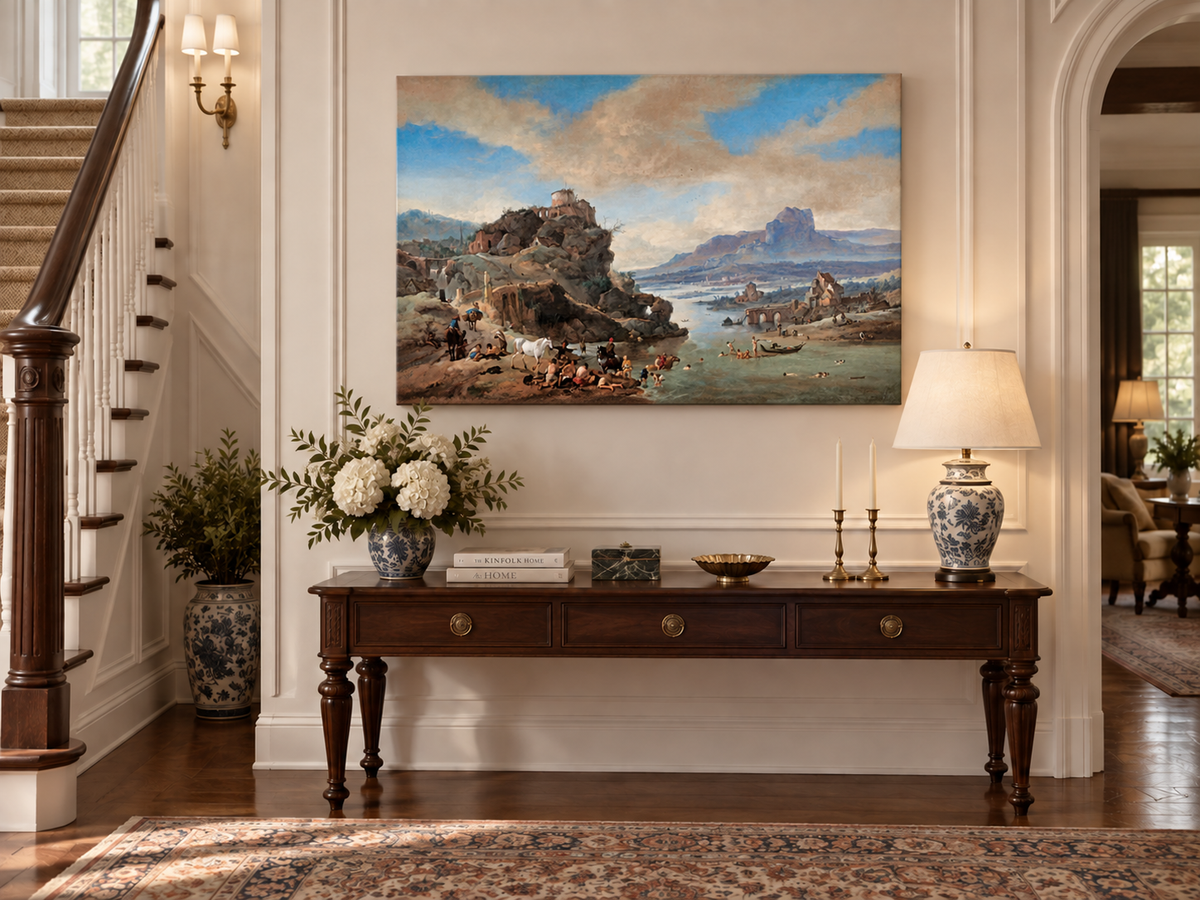 Hand-painted Classical River Ruins with Bathers landscape oil painting displayed as wall art in a styled interior