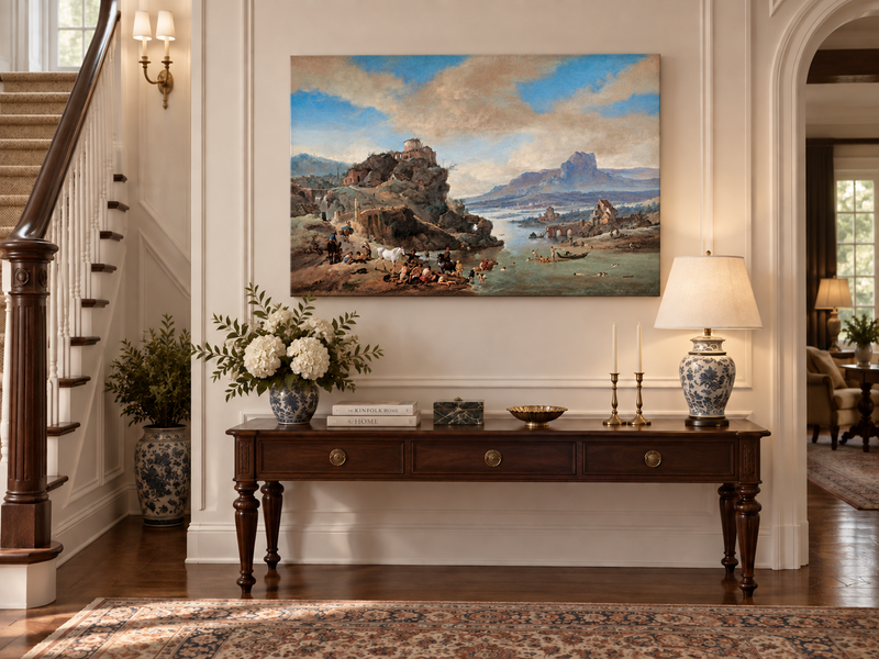 Hand-painted Classical River Ruins with Bathers landscape oil painting displayed as wall art in a styled interior