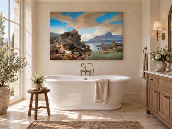 Hand-painted Classical River Ruins with Bathers landscape oil painting displayed as wall art in a styled interior