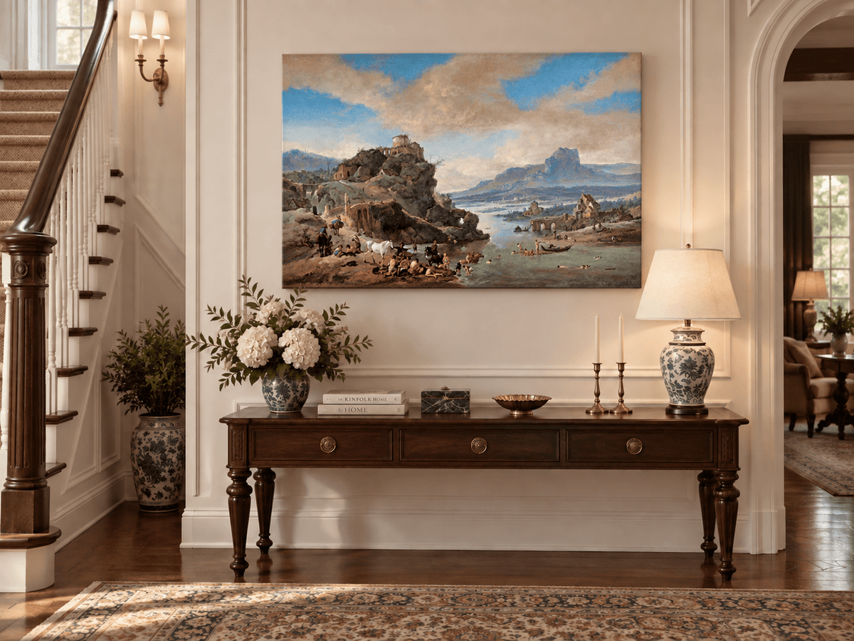 Hand-painted Classical River Ruins with Bathers landscape oil painting displayed as wall art in a styled interior