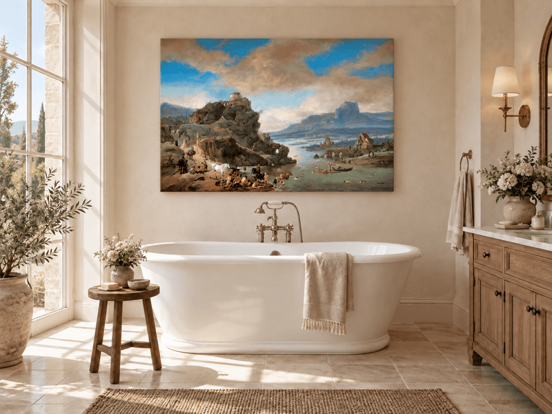 Hand-painted Classical River Ruins with Bathers landscape oil painting displayed as wall art in a styled interior
