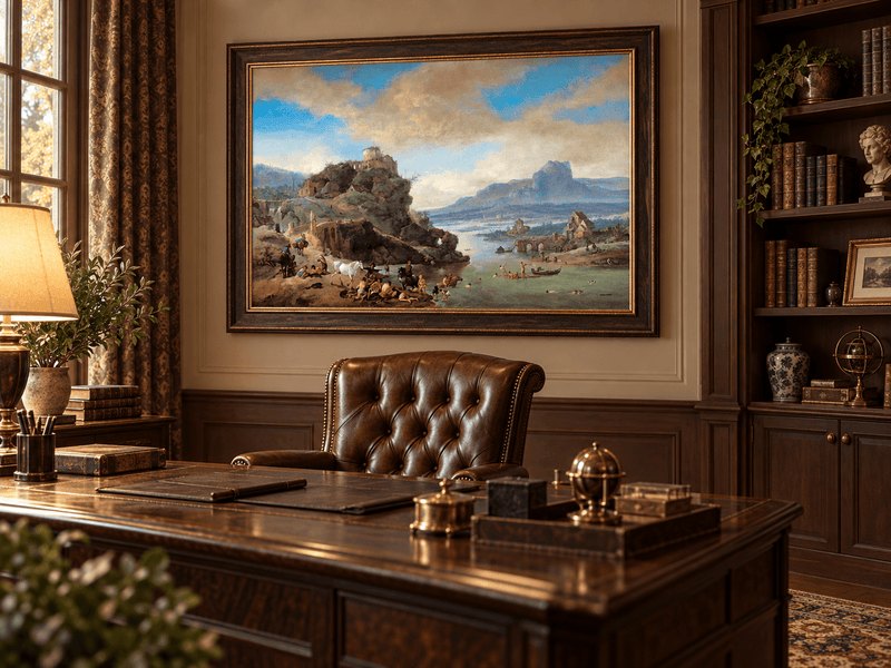 Hand-painted Classical River Ruins with Bathers landscape oil painting displayed as wall art in a styled interior