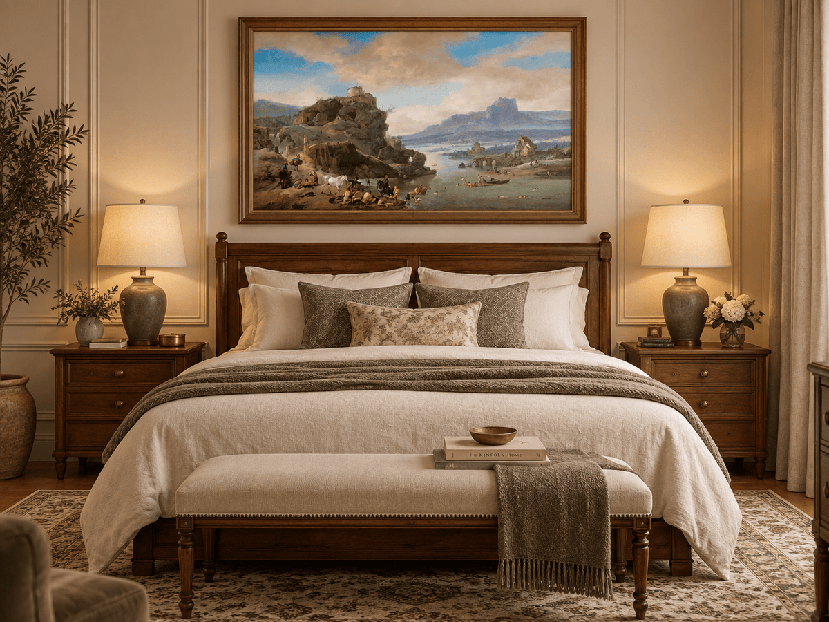 Hand-painted Classical River Ruins with Bathers landscape oil painting displayed as wall art in a styled interior