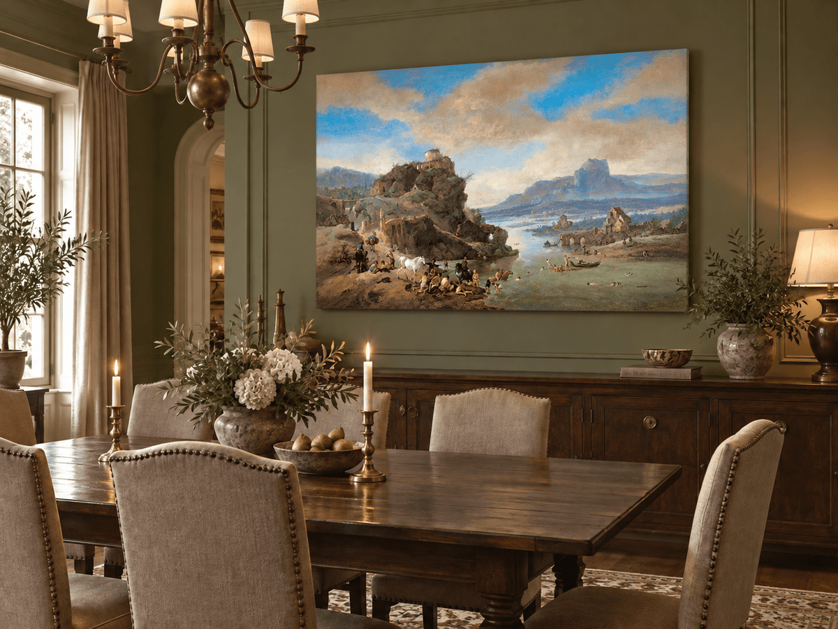 Hand-painted Classical River Ruins with Bathers landscape oil painting displayed as wall art in a styled interior