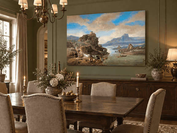 Hand-painted Classical River Ruins with Bathers landscape oil painting displayed as wall art in a styled interior