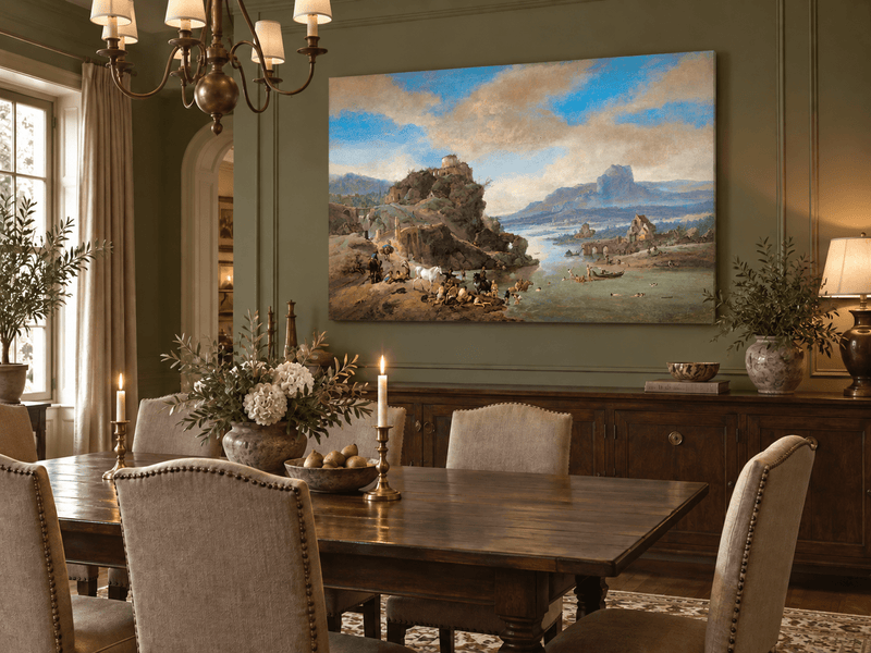 Hand-painted Classical River Ruins with Bathers landscape oil painting displayed as wall art in a styled interior