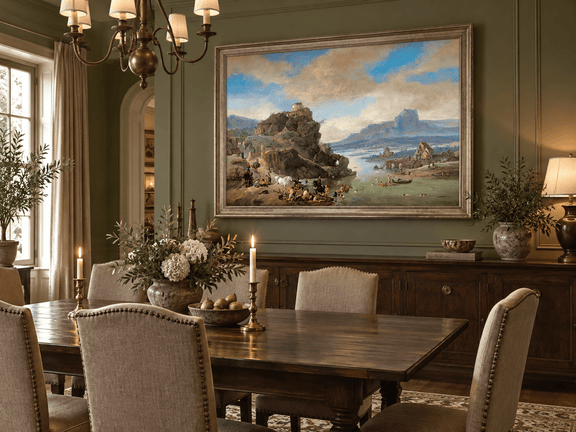 Hand-painted Classical River Ruins with Bathers landscape oil painting displayed as wall art in a styled interior