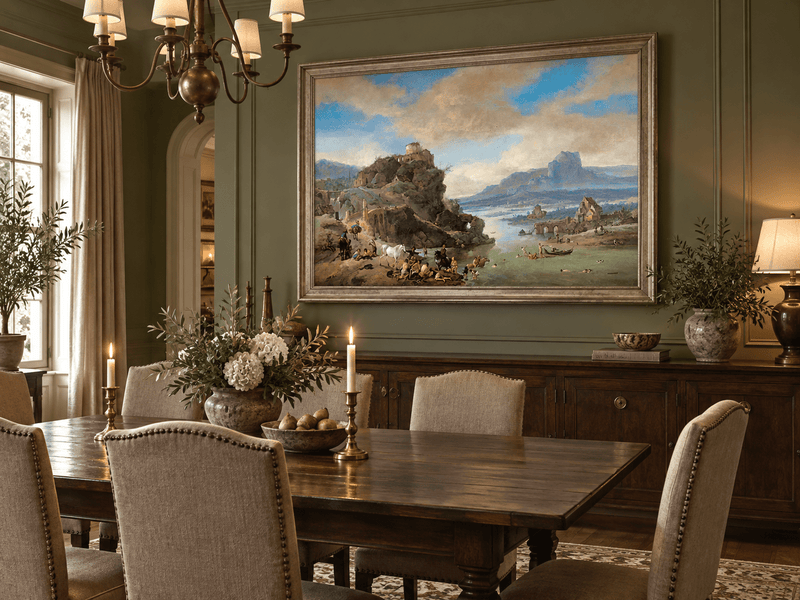 Hand-painted Classical River Ruins with Bathers landscape oil painting displayed as wall art in a styled interior