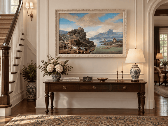 Hand-painted Classical River Ruins with Bathers landscape oil painting displayed as wall art in a styled interior