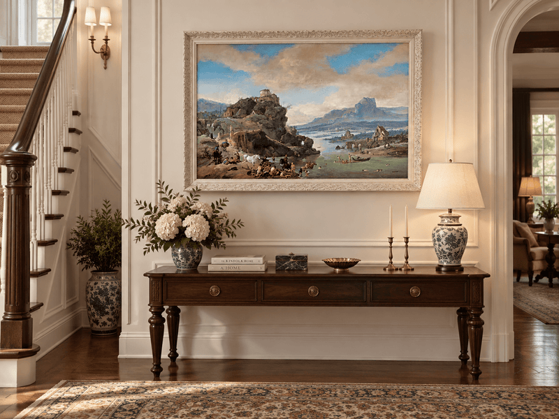 Hand-painted Classical River Ruins with Bathers landscape oil painting displayed as wall art in a styled interior