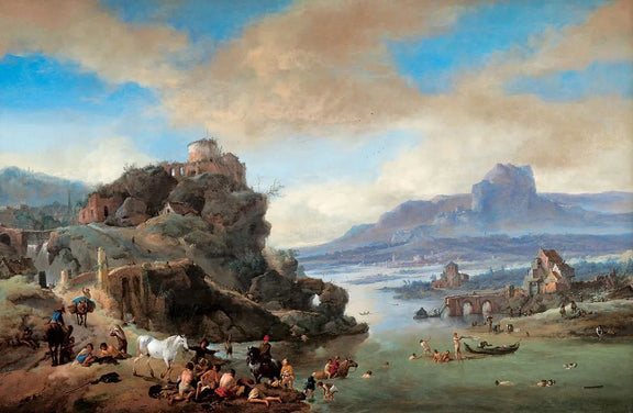 Landscape Oil Painting - Classical River Ruins with Bathers - Oil Painting Haven
