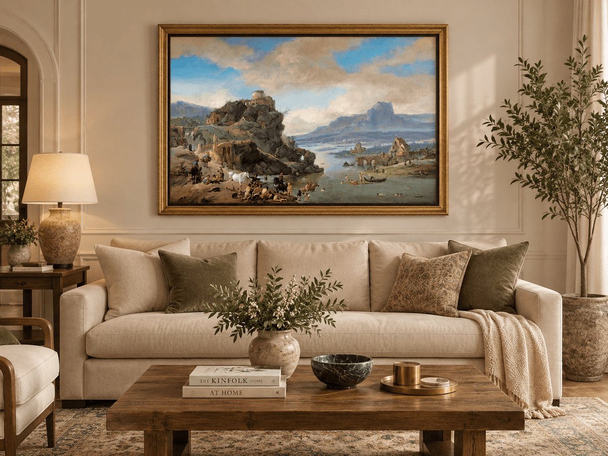 Hand-painted Classical River Ruins with Bathers landscape oil painting displayed as wall art in a styled interior