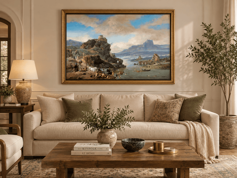 Hand-painted Classical River Ruins with Bathers landscape oil painting displayed as wall art in a styled interior