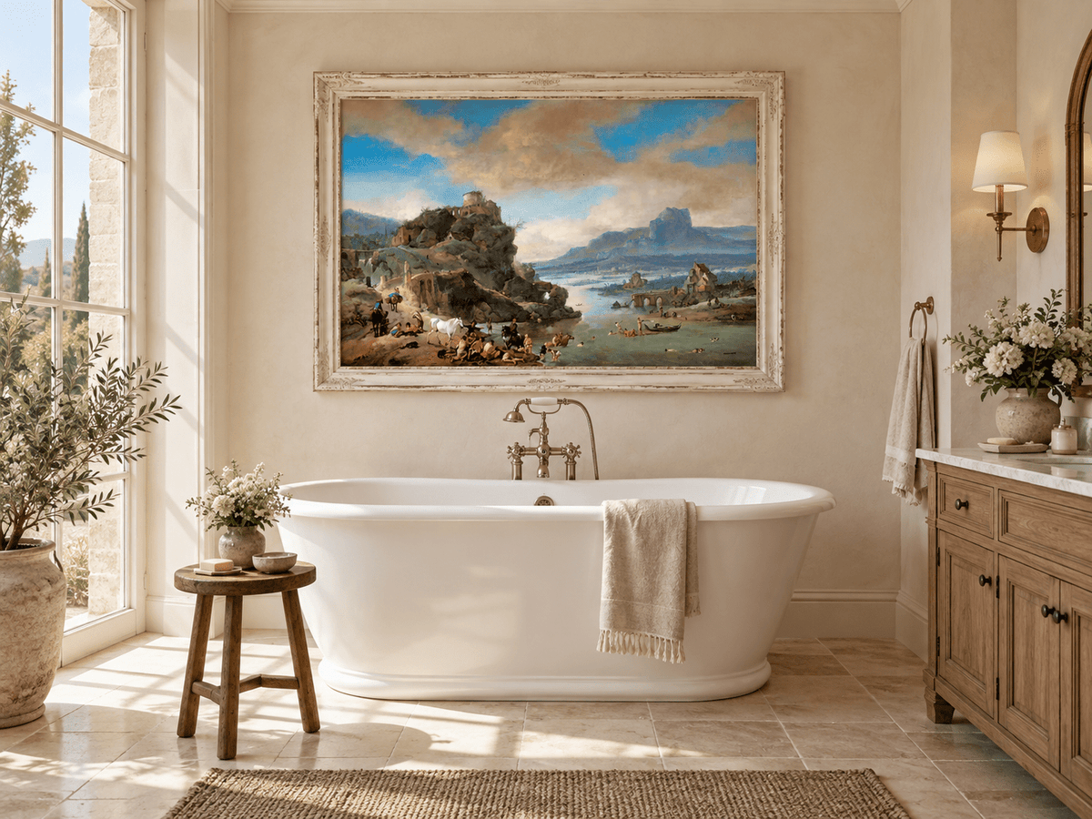 Hand-painted Classical River Ruins with Bathers landscape oil painting displayed as wall art in a styled interior