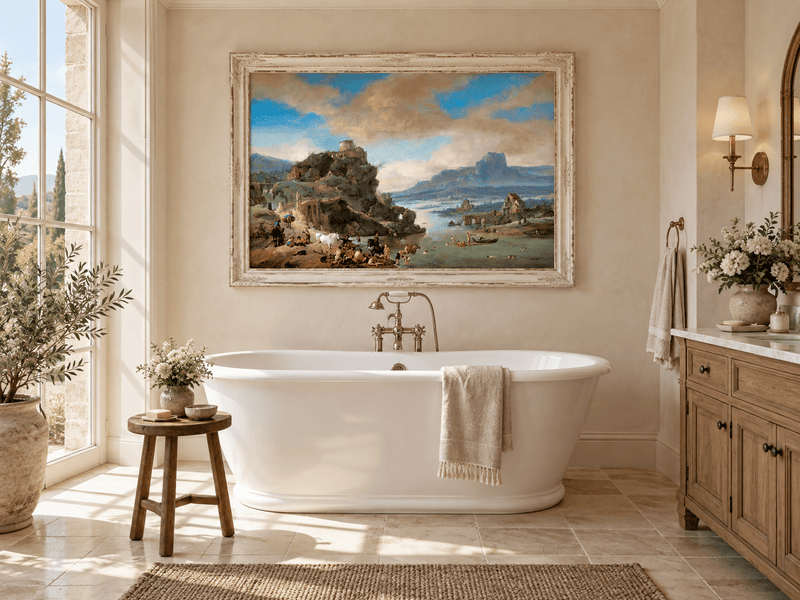 Hand-painted Classical River Ruins with Bathers landscape oil painting displayed as wall art in a styled interior