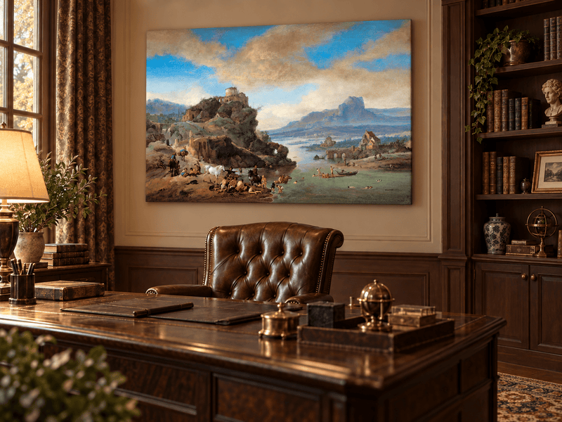 Hand-painted Classical River Ruins with Bathers landscape oil painting displayed as wall art in a styled interior