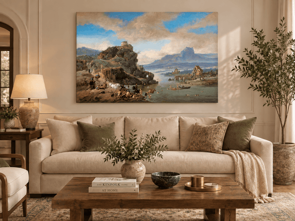 Hand-painted Classical River Ruins with Bathers landscape oil painting displayed as wall art in a styled interior