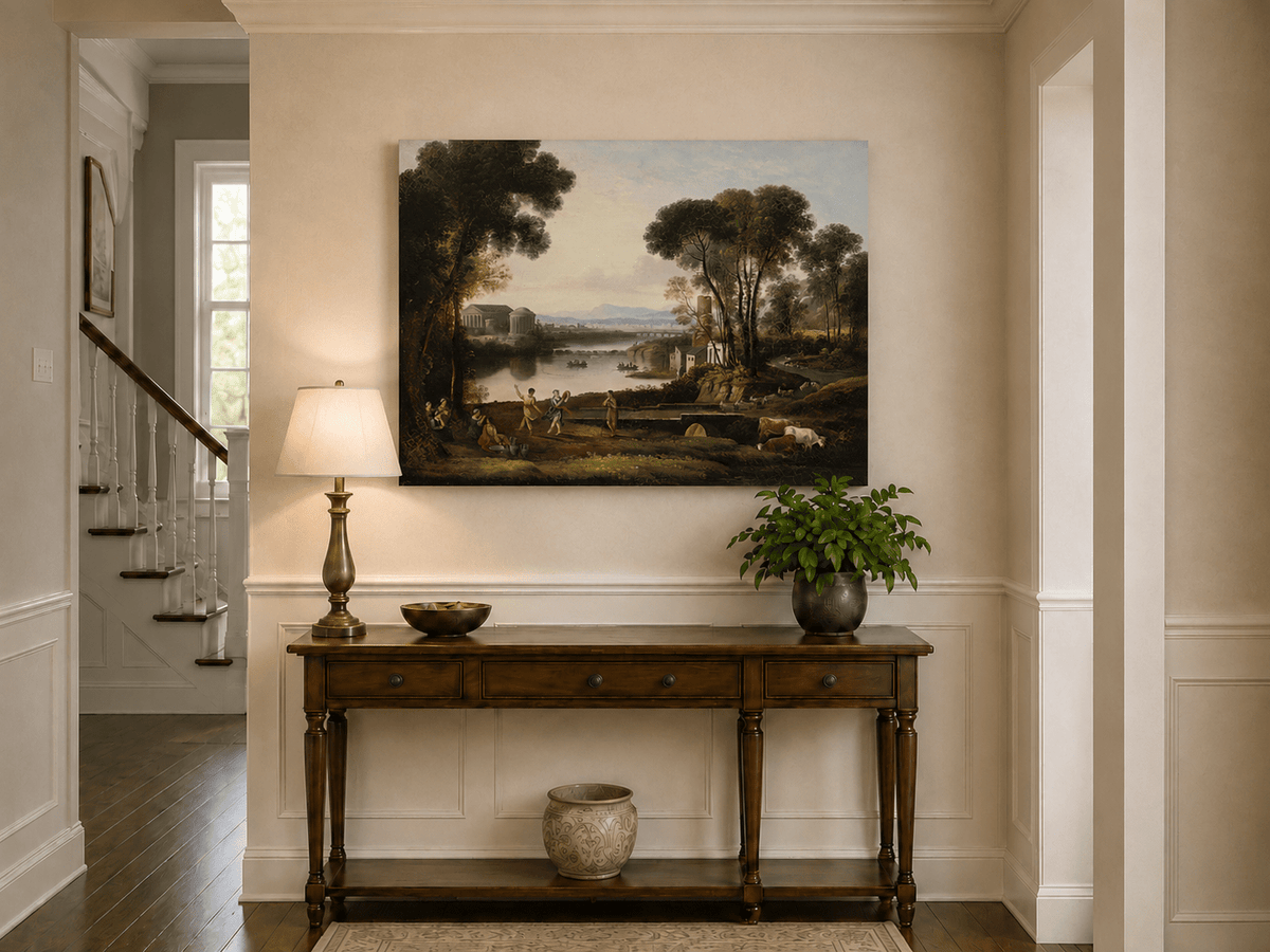 Landscape Oil Painting - Classical River Scene with Figures