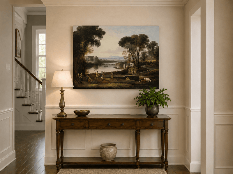 Landscape Oil Painting - Classical River Scene with Figures