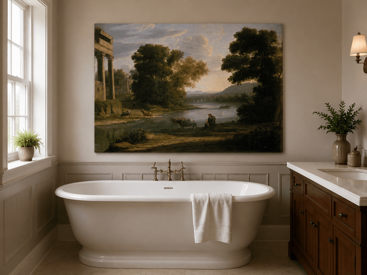 Landscape Oil Painting - Classical River Scene with Figures