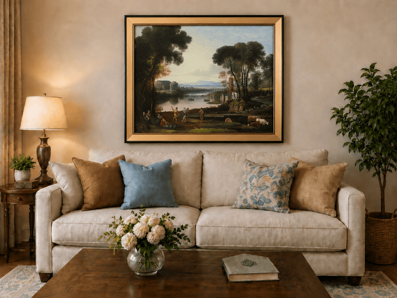 Landscape Oil Painting - Classical River Scene with Figures