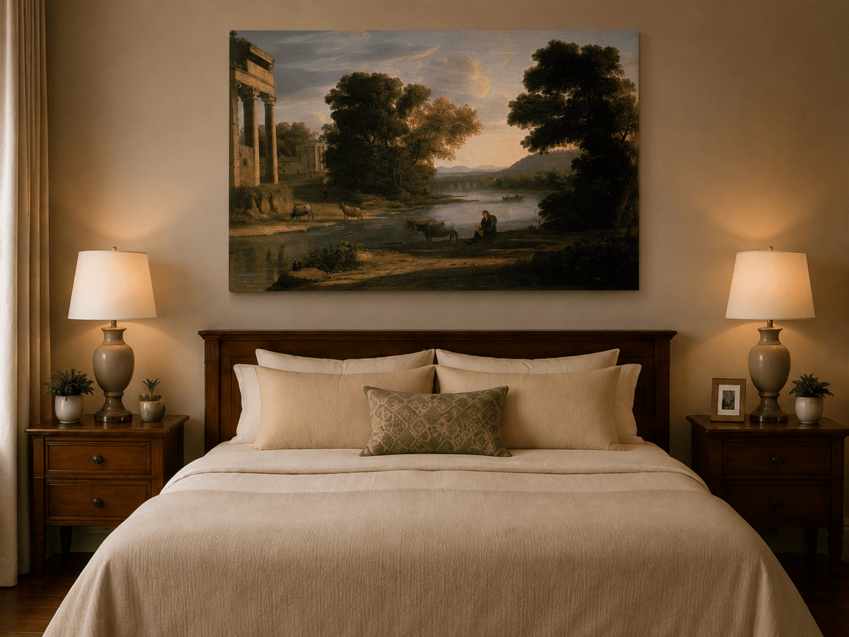 Landscape Oil Painting - Classical River Scene with Figures