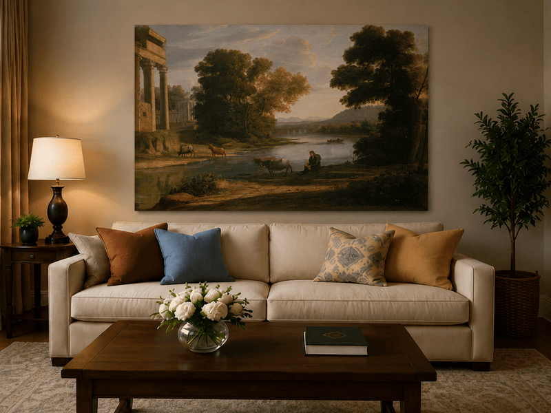Landscape Oil Painting - Classical River Scene with Figures