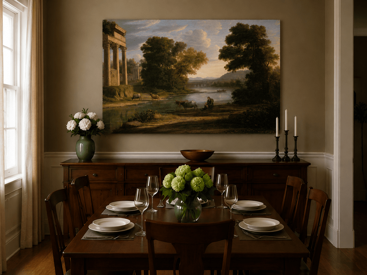 Landscape Oil Painting - Classical River Scene with Figures