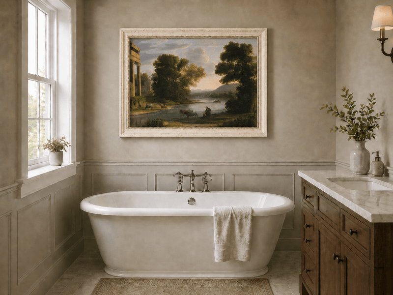 Landscape Oil Painting - Classical River Scene with Figures