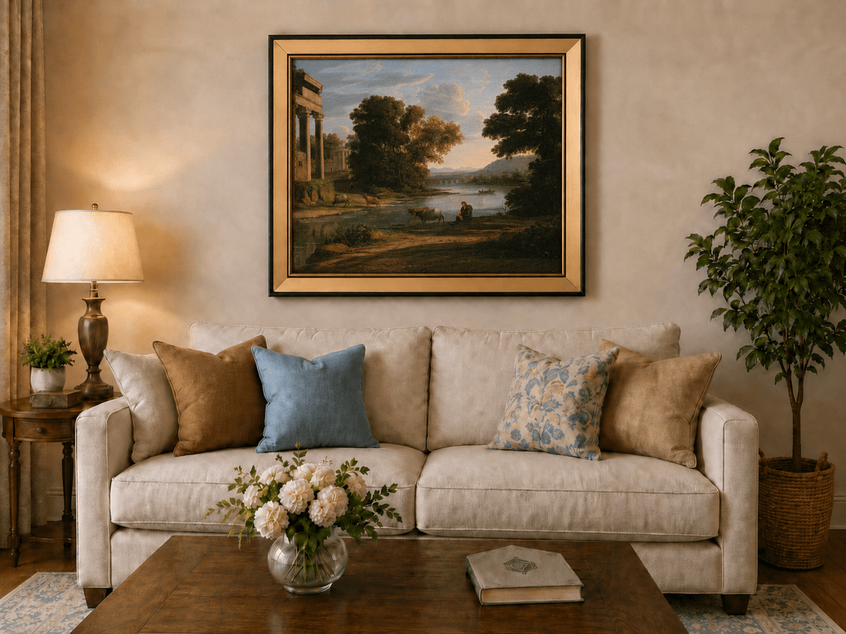 Landscape Oil Painting - Classical River Scene with Figures