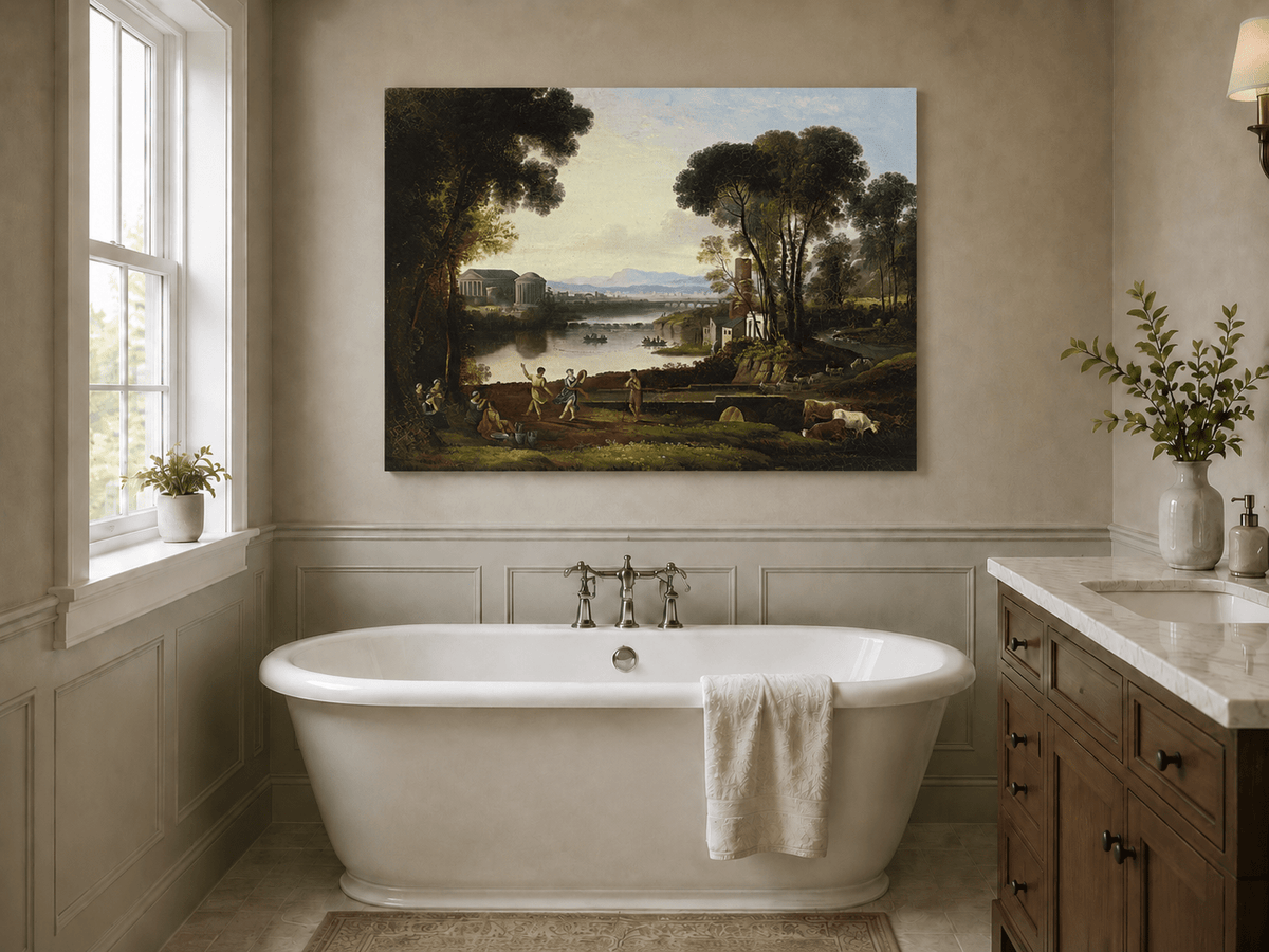 Landscape Oil Painting - Classical River Scene with Figures