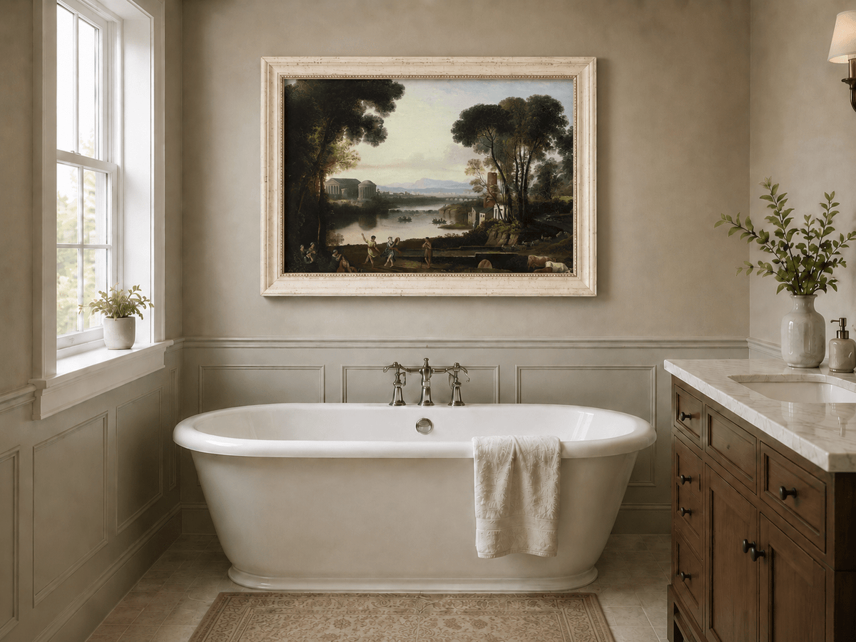 Landscape Oil Painting - Classical River Scene with Figures
