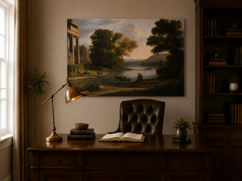 Landscape Oil Painting - Classical River Scene with Figures