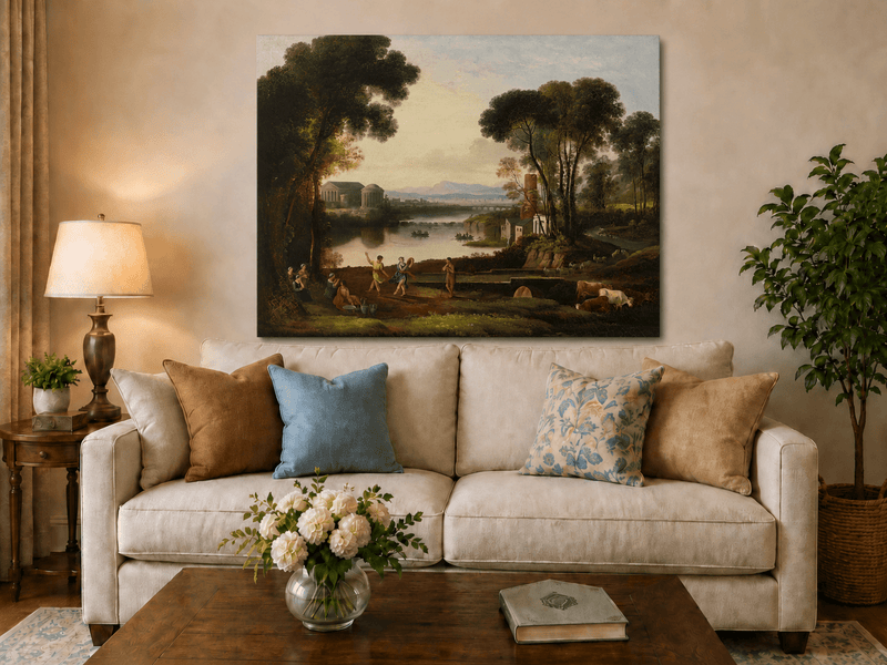 Landscape Oil Painting - Classical River Scene with Figures