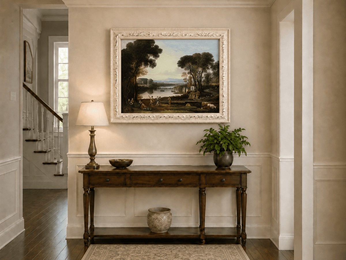 Landscape Oil Painting - Classical River Scene with Figures