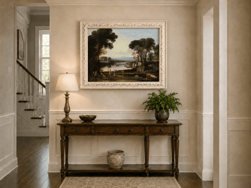Landscape Oil Painting - Classical River Scene with Figures