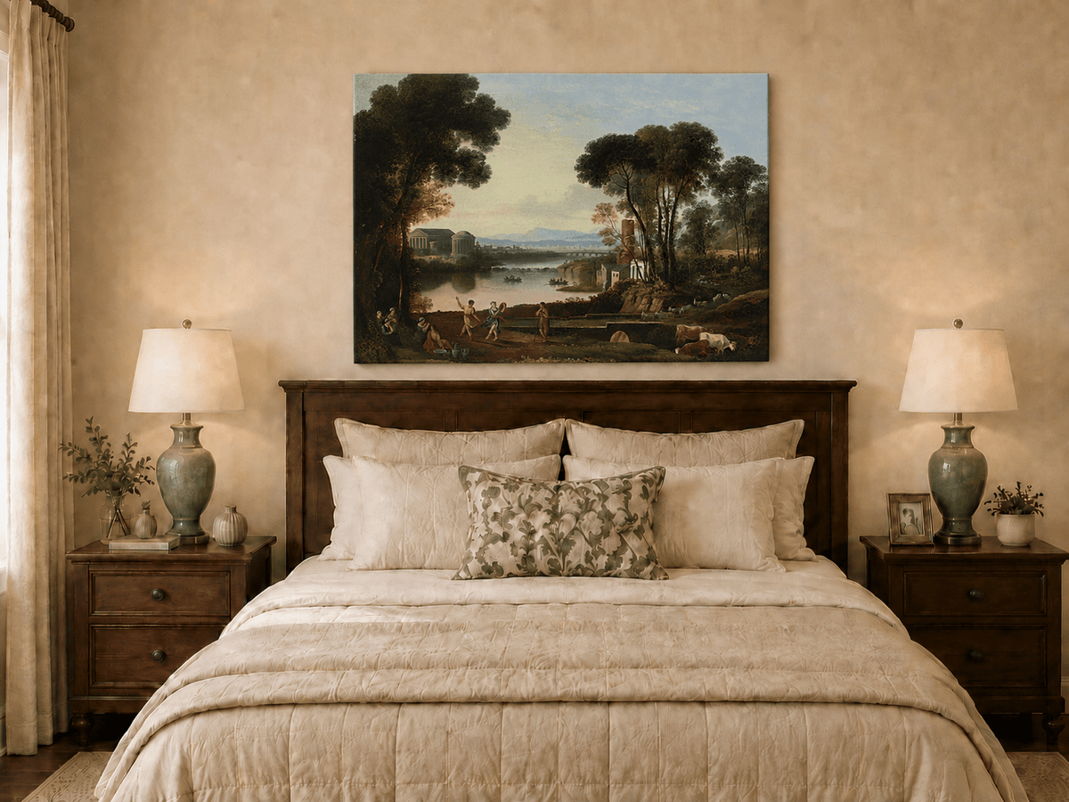 Landscape Oil Painting - Classical River Scene with Figures