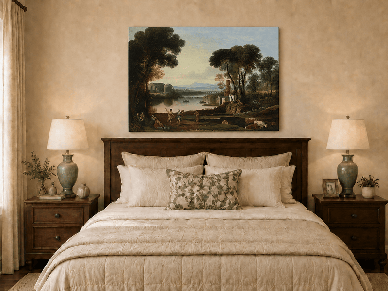 Landscape Oil Painting - Classical River Scene with Figures
