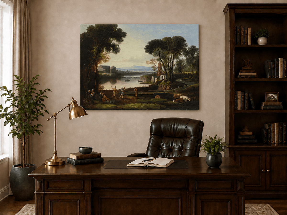 Landscape Oil Painting - Classical River Scene with Figures