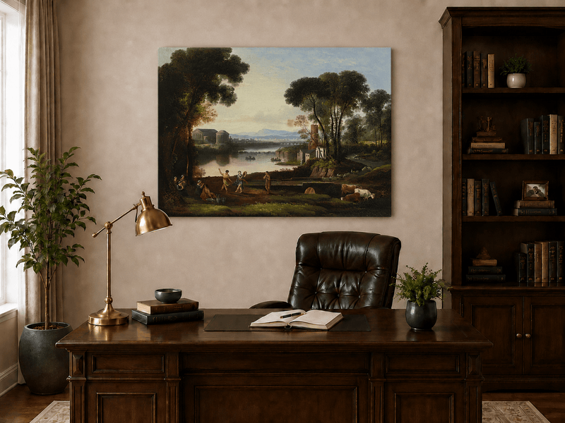 Landscape Oil Painting - Classical River Scene with Figures