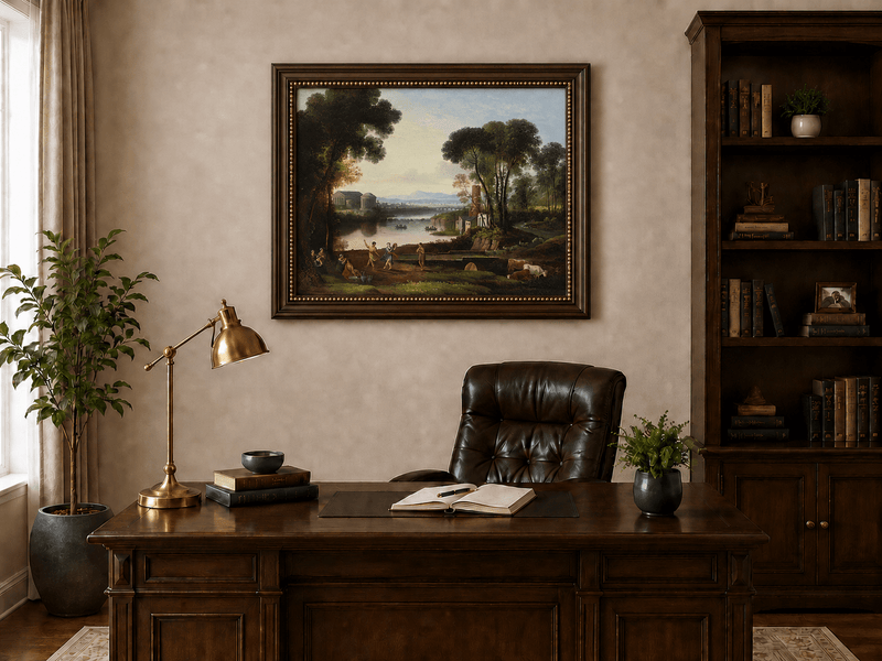 Landscape Oil Painting - Classical River Scene with Figures