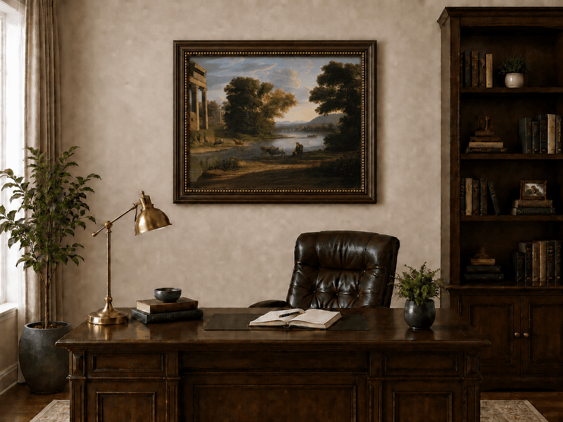 Landscape Oil Painting - Classical River Scene with Figures